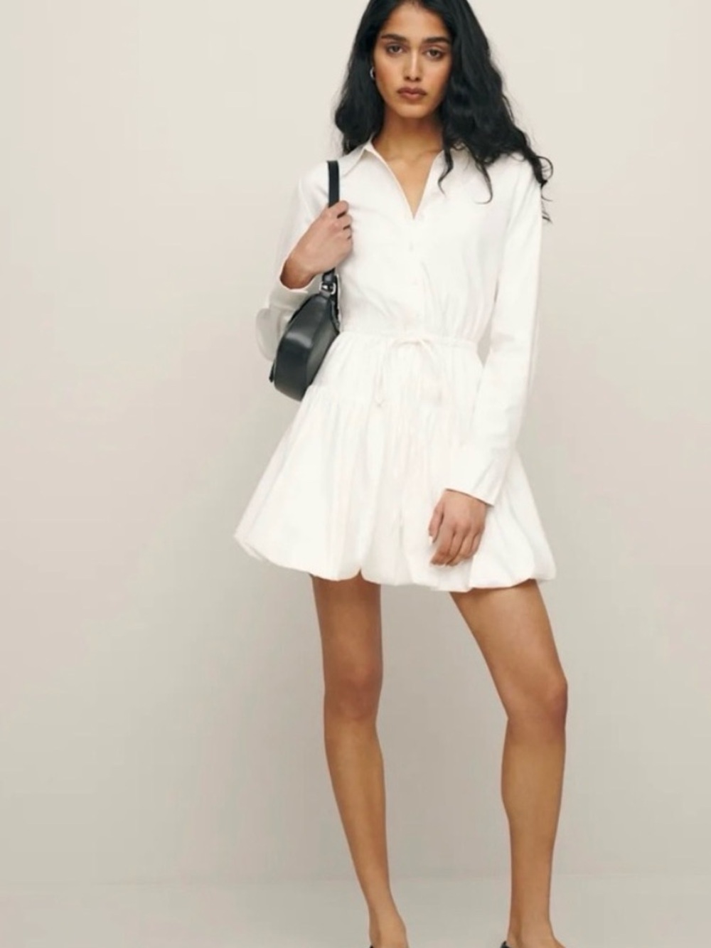 Reformation White Moira Shirt Mini Bubble Hem Dress Drawstring Waist size 4